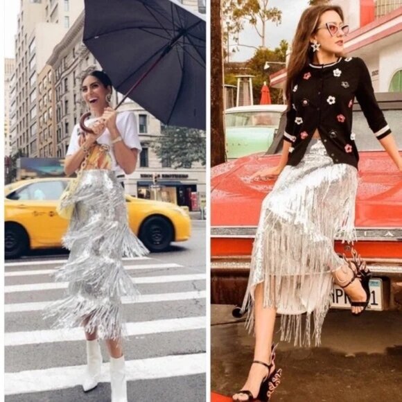 💥INSANELY BEAUTIFUL!💥Roaring 20s Vibe Tatiana Fringed Sequin Skirt in Silver - Picture 9 of 16